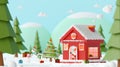 Christmas Party with Santa Claus and Snowman at the red house in a pine forest, 3d rendering Royalty Free Stock Photo