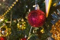 Merry christmas and happy new year, This is the pine tree which is decorate with gold and red balls, yellow deer, bell and small Royalty Free Stock Photo