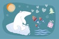 Merry Christmas and Happy New Year. A polar bear on an ice floe, hearts, fish, a gift and a Christmas tree. Waves and sun.