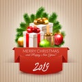 Merry Christmas and Happy New Year 2019 postcard design, gifts, Royalty Free Stock Photo