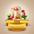 Merry Christmas and Happy New Year 2019 postcard design, gifts, Royalty Free Stock Photo
