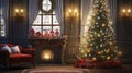 Merry Christmas and happy New Year postcard mock up with copy space. Christmas trees, blazing fireplace, armchair and gifts Royalty Free Stock Photo