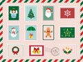 Merry Christmas and Happy New Year postcard with postage stamp. Vector illustration Royalty Free Stock Photo