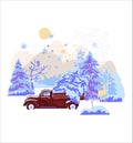 Merry Christmas and Happy New Year Postcard, Poster, Flyer, Banner template. Retro pickup truck with christmas tree Royalty Free Stock Photo