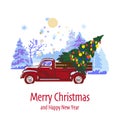 Merry Christmas and Happy New Year Postcard, Poster, Flyer, Banner template. Retro red pickup truck with christmas tree Royalty Free Stock Photo