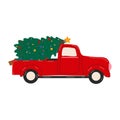 Merry Christmas and Happy New Year Postcard or Poster or Flyer template with pickup truck with christmas tree. Royalty Free Stock Photo