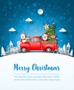 Merry Christmas and Happy New Year, Christmas postcard of Santa Claus and friend with red car in the village, Paper art style Royalty Free Stock Photo