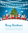 Merry Christmas and Happy New Year, Christmas postcard of Santa Claus and friends on a train in the village, Paper art style Royalty Free Stock Photo