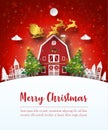 Merry Christmas and Happy New Year, Christmas postcard of Santa Claus in the village, Paper art style Royalty Free Stock Photo