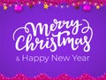 Merry Christmas and Happy New Year postcard in trendy pink and purple colors