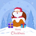 Merry Christmas and happy New Year postcards with Santa Claus on roof with presents ready to climb down through brick chimney Royalty Free Stock Photo