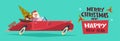 Merry Christmas And Happy New Year Poster Background Santa Driving Retro Car With Green Tree And Presents Horizontal Royalty Free Stock Photo