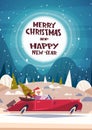 Merry Christmas And Happy New Year Poster Background Santa Driving Retro Car With Green Tree And Presents In Winter Royalty Free Stock Photo