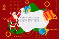 Merry Christmas, Happy New Year poster, banner frame. Vector illustration of jumping Santa Claus and gift boxes