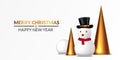 Merry christmas and happy new year poster banner template. Snowman illustration with snowball and 3D golden cone with white