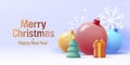 Merry Christmas and happy new year poster with big 3d render christmas balls, gift box and tree with snowflakes on the