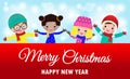 Merry Christmas and Happy new year poster, cheerful Group of happy kids wearing winter hats santa claus with big sign board Royalty Free Stock Photo