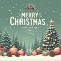 Merry Christmas and Happy New Year - poster design Xmas tree and row of balls and pine cones in snow landscape Royalty Free Stock Photo