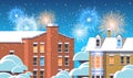 Merry christmas happy new year poster festive colorful fireworks salute over winter city houses snowy town street Royalty Free Stock Photo