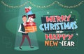 Merry Christmas And Happy New Year Poster With Man Holding Pile Of Gifts On Background