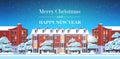 Merry christmas happy new year poster with winter city houses snowy town street greeting card flat horizontal Royalty Free Stock Photo