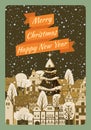 Merry Christmas and Happy New Year poster, winter old town cityscape. Urban landscape greeting card. Vector illustration Royalty Free Stock Photo