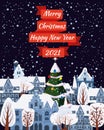 Merry Christmas and Happy New Year poster, winter old town cityscape. Urban landscape greeting card. Vector illustration Royalty Free Stock Photo