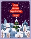 Merry Christmas and Happy New Year poster, winter old town cityscape. Urban landscape greeting card. Vector illustration Royalty Free Stock Photo