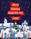 Merry Christmas and Happy New Year poster, winter old town cityscape. Urban lanscape greeting card. Vector illustration Royalty Free Stock Photo