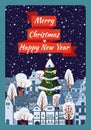 Merry Christmas and Happy New Year poster, winter old town cityscape. Urban lansdcape greeting card. Vector illustration Royalty Free Stock Photo