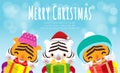 Merry Christmas and Happy new year poster, The year of the tiger, Group of happy bengal tiger wearing christmas hats santa claus Royalty Free Stock Photo