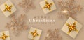 Merry Christmas and happy New year. Realistic background with three-dimensional gift boxes tied with a gold ribbon with bows. Royalty Free Stock Photo