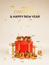 Merry Christmas and happy new year realistic portrait design of gold 2022 year and close red gift boxes with decorative golden bow Royalty Free Stock Photo