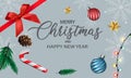 Merry Christmas and Happy New Year red bow ribbon pine cone gold star silver ball on grey with text design for holiday festival Royalty Free Stock Photo