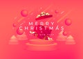 Merry Christmas and Happy New Year with red gift box and gold ribbon banner. 3D depth and realistic festive objects Royalty Free Stock Photo