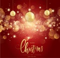 Merry Christmas And Happy New Year Red Gold Glittering Greeting Typography Background With Stars Bokeh Hanging Ball Ornaments Royalty Free Stock Photo