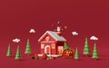 Merry Christmas and Happy New Year, Red house in the pine forest with Santa Claus in chimney Royalty Free Stock Photo