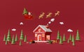 Merry Christmas and Happy New Year, Red house in the pine forest with Santa Claus Royalty Free Stock Photo