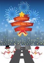 Merry christmas and happy new year on a red ribbin and Snowman with road to night city background