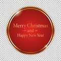 Merry Christmas and Happy New Year - red round button with gold frame Royalty Free Stock Photo