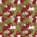 Merry Christmas and happy new year red seamless pattern , wreath with decoration and white mouses. Symbol