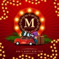 Merry Christmas and happy New Year, red square postcard with antique car carrying Christmas tree. Greeting card with round logo