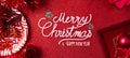 Merry christmas and happy new year red text background.top view of tinsel,gift box,ball,ribbon decorate on sparkling table.holiday Royalty Free Stock Photo