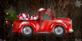 Merry Christmas and Happy New Year with red truck and christmas tree. Royalty Free Stock Photo