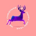 Merry christmas and happy new year reindeer jump purple blue