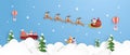 Merry Christmas and happy new year with reindeer and Santa Claus in sleigh flying in the sky over clouds in paper cut style.