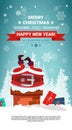 Merry Christmas And Happy New Year Retro Poster With Santa Claus Stack In Chimney Holiday Banner With Copy Space