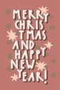 Merry Christmas and Happy New Year retro style vintage hand drawn greeting card, gift tag, postcard, poster in neutral terracotta Royalty Free Stock Photo