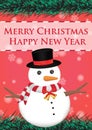 Merry christmas and happy new year ribbin with snowman and snow light bokeh background