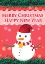 Merry christmas and happy new year ribbin with snowman and snow light bokeh background